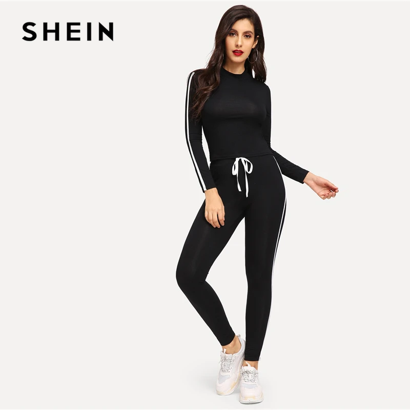 SHEIN Спортивный Костюм, Стильный Однотонный Спортивный Комплект, Топ С Длинным Рукавом И Брюки