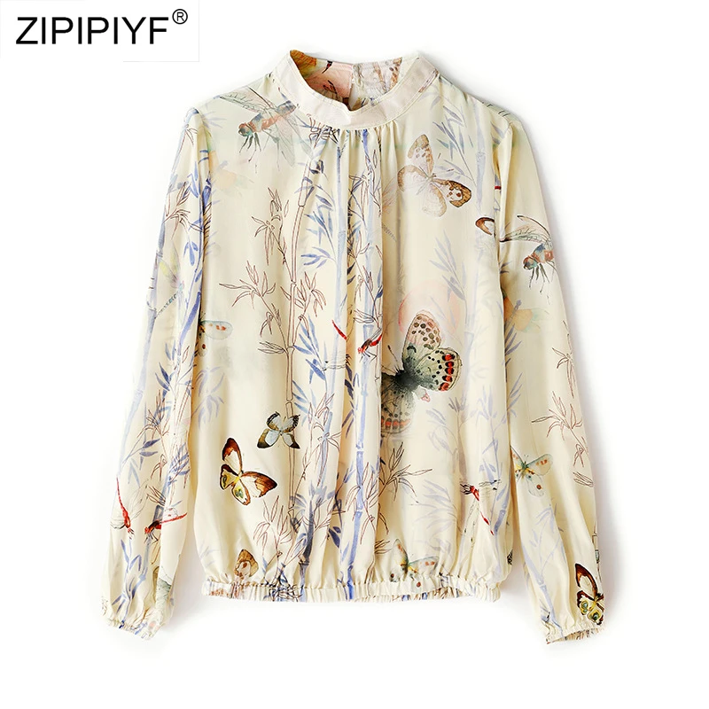 Women's Shirt Ruched Stand Collar Long Sleeve Blouses Tops New Arrival Female Fashion Clothing H6238