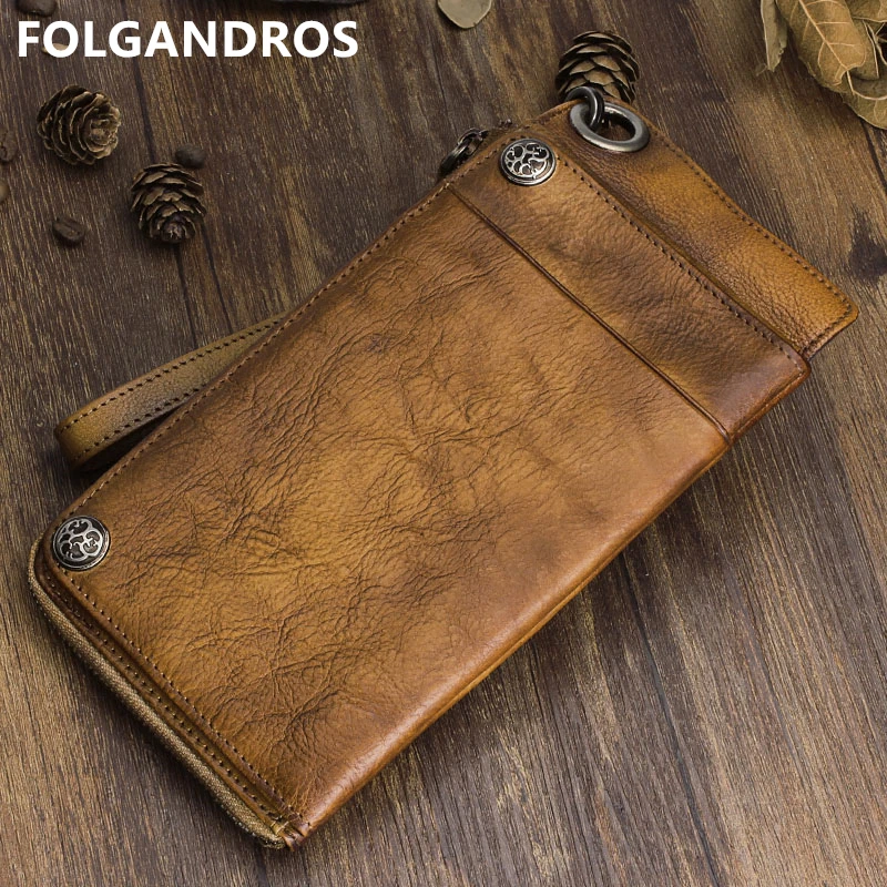 FOLGANDROS Handmade Long Wallet Natural Genuine Leather Vintage Wristlet Clutch Wallet Phone Passcard Phonto Organizer Bag Purse