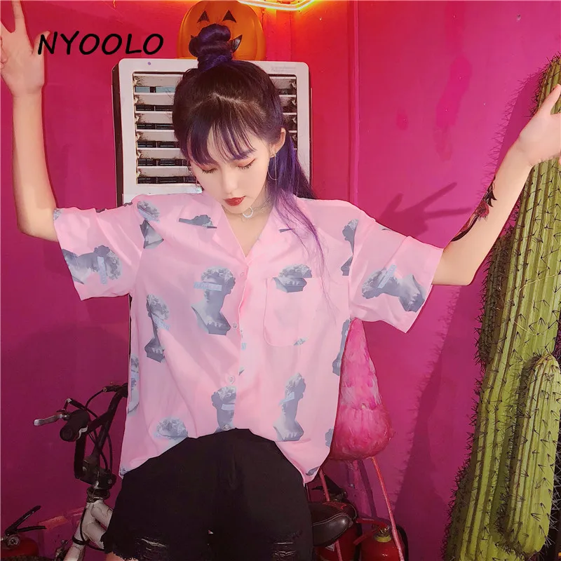 NYOOLO Harajuku винтажная рубашка бойфренда с принтом пистолета и статуи Повседневная