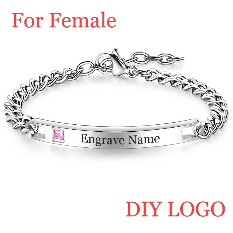 AZIZ BEKKAOUI Silver Engrave Name Bracelet Stainless Steel Couple Bracelets Personalized Logo Jewelry Women Men Crystal Bangles - Окраска металла: diy logo women