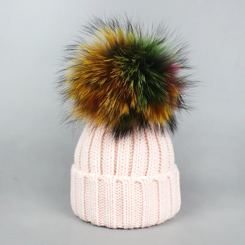 Hat Pink Женская и детская Шапка-бини, повседневные разноцветные шапки с помпонами, шапки с помпоном из меха лисы и енота для девочек, женские зимние теплые вязаные шапки Skullies - Цвет: Hat Pink
