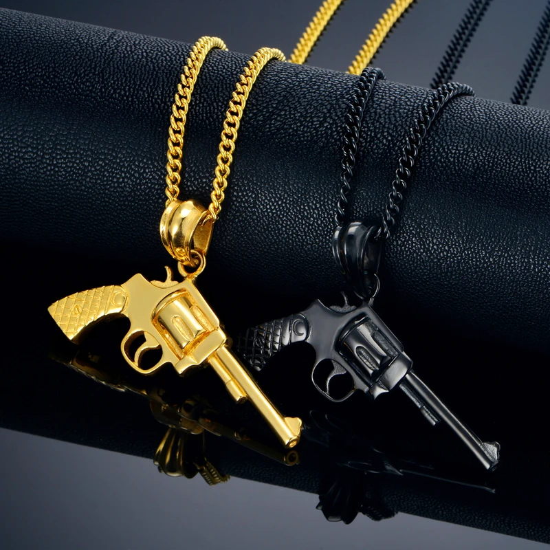 

Gun Pendant Necklace Punk Rock Jewelry Men Women Revolver Gun Necklace Black Color Stainless Steel Choker Necklaces