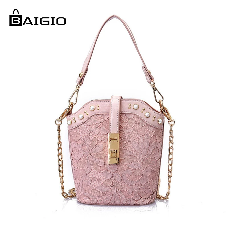 BAIGIO Bucket Bag Pink Elegant Embroidery Hasp Pearl Chaim Crossbody Small Evening Shoulder PU Leather Bags | Багаж и сумки
