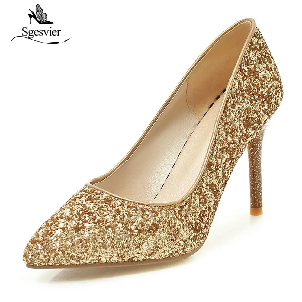 

Sgesvier Autumn Sexy Thin Heel Pumps Shoes Woman Gold Silver Red Colors Sequin Cloth Stiletto Party Wedding Shoes Ladies B261
