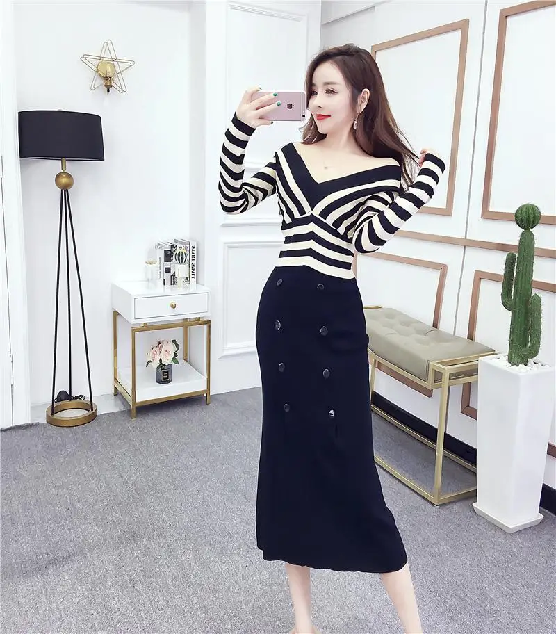 

Autumn Fashion Sexy V-Neck Joker Stripe Knitting Coat Of Tall Waist Knitting Fishtail Skirt Suits Women 2 Pcs Clothing Set