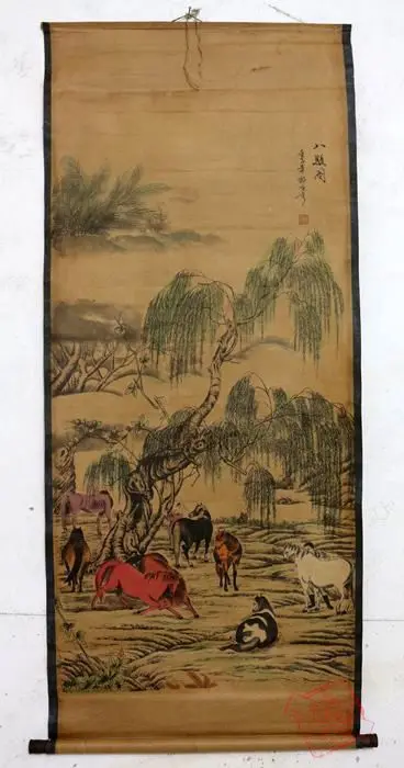 Редкая старая китайская живопись QingDyansty, восемь лошадей, изысканный дизайн, ручная работа, древняя, бесплатная доставка Редкая старая китайская живопись QingDyansty, восемь лошадей, изысканный дизайн, ручная работа, древняя, бесплатная доставка