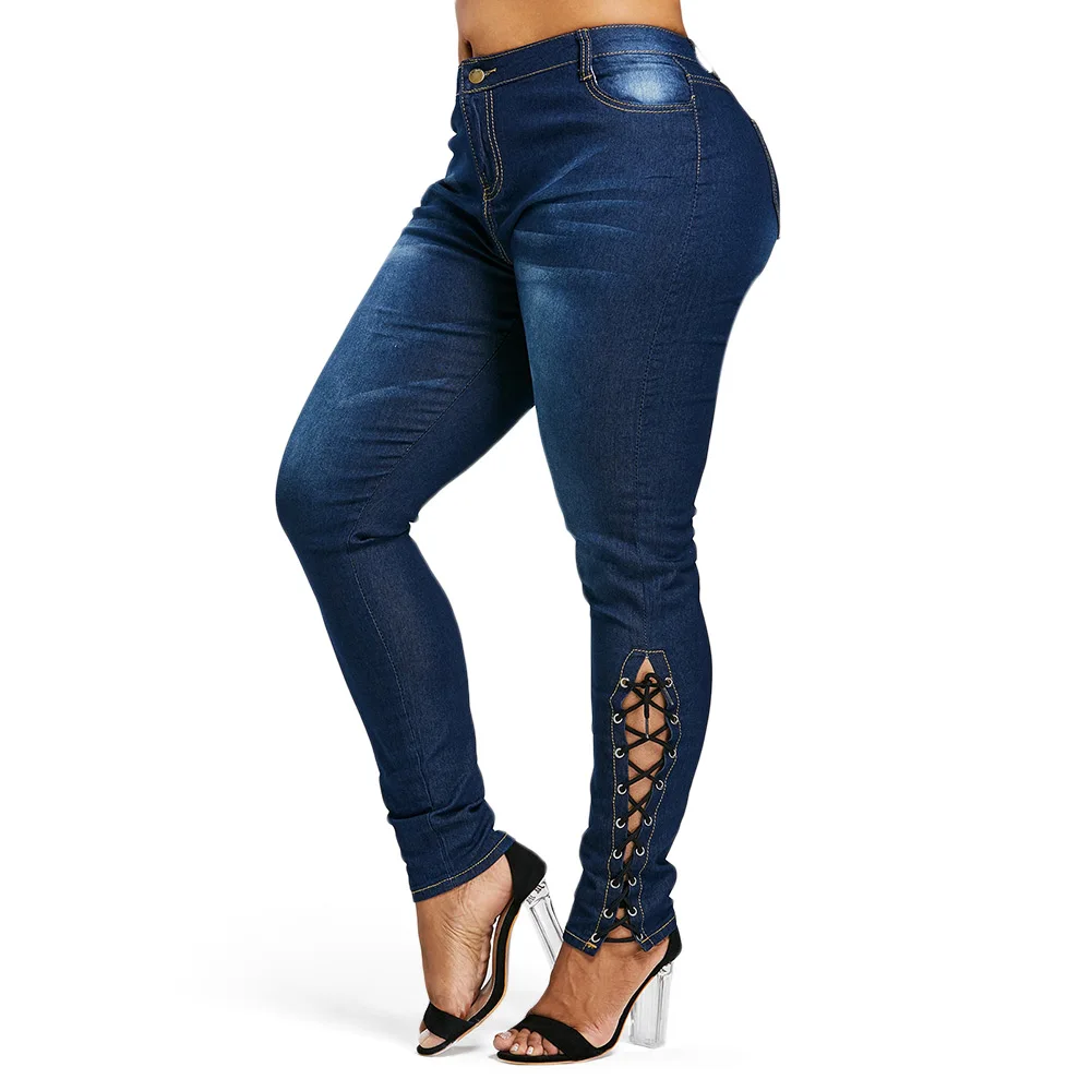 Wipalo Plus Size 5XL Zipper Sexy Fly Side Lace Up Jeans Femme High Waist Pencil Denim Pants Mom Big | Женская одежда