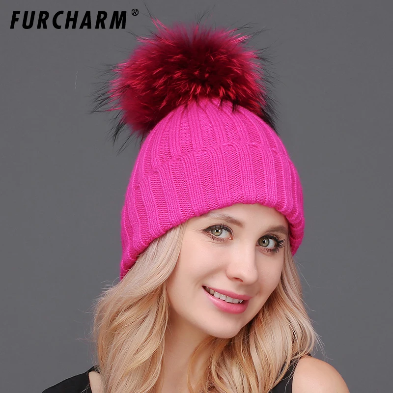 Женские шапки FURCHARM из 100% натурального меха енота вязаная облегающая шапка