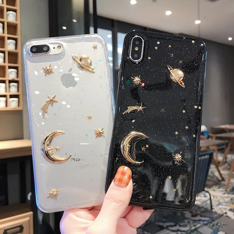 Silicone Planet Star Sequin Phone Case For iPhone X XS Max XR Gold Moon Decor 7 6S 6 8 Plus Cover Fundas |