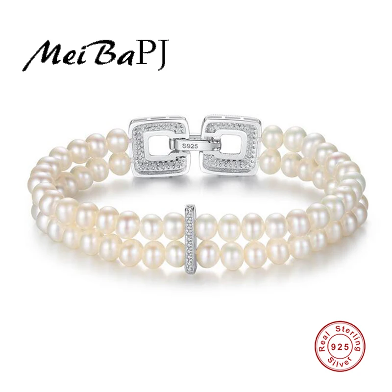 MeiBaPJ S925 Pure Silver Bracelet Luxurious Real Freshwater Pearl Double Chains Bangle for Women Fine Jewelry | Украшения и