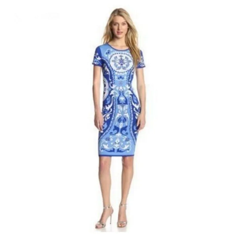 Дизайнер epucci Роскошные бренды женские короткий рукав синий барокко печати