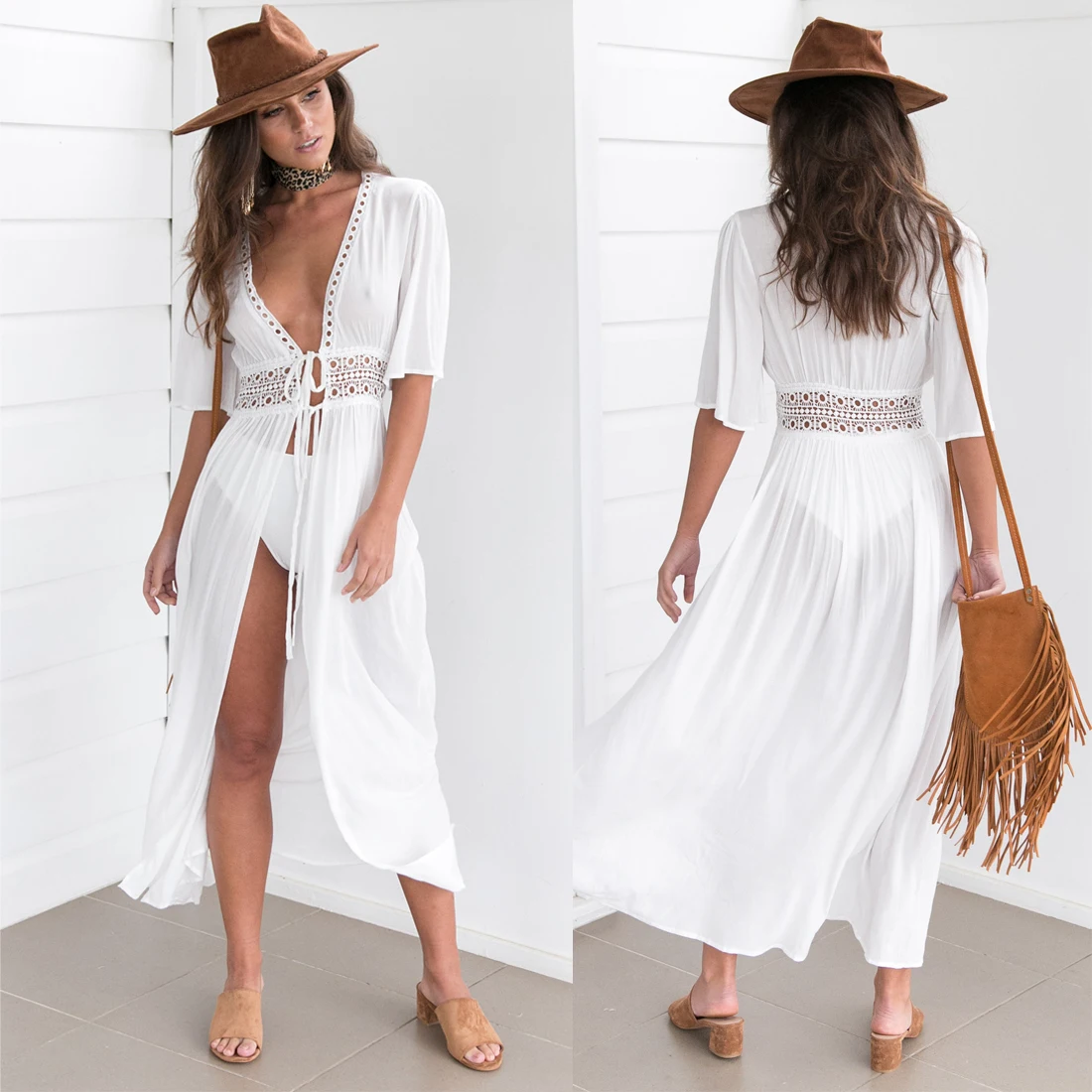 Женское платье с длинным рукавом Boho белое ажурное из шифона на лето|Женские