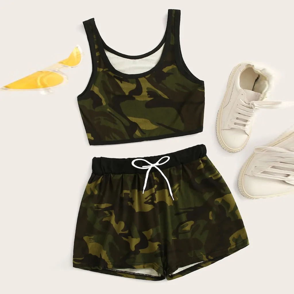 

KLV 2PCS fashion women's fitness clothing camouflage printed shirt vest + drawstring waist shorts suit sportswear 5.23