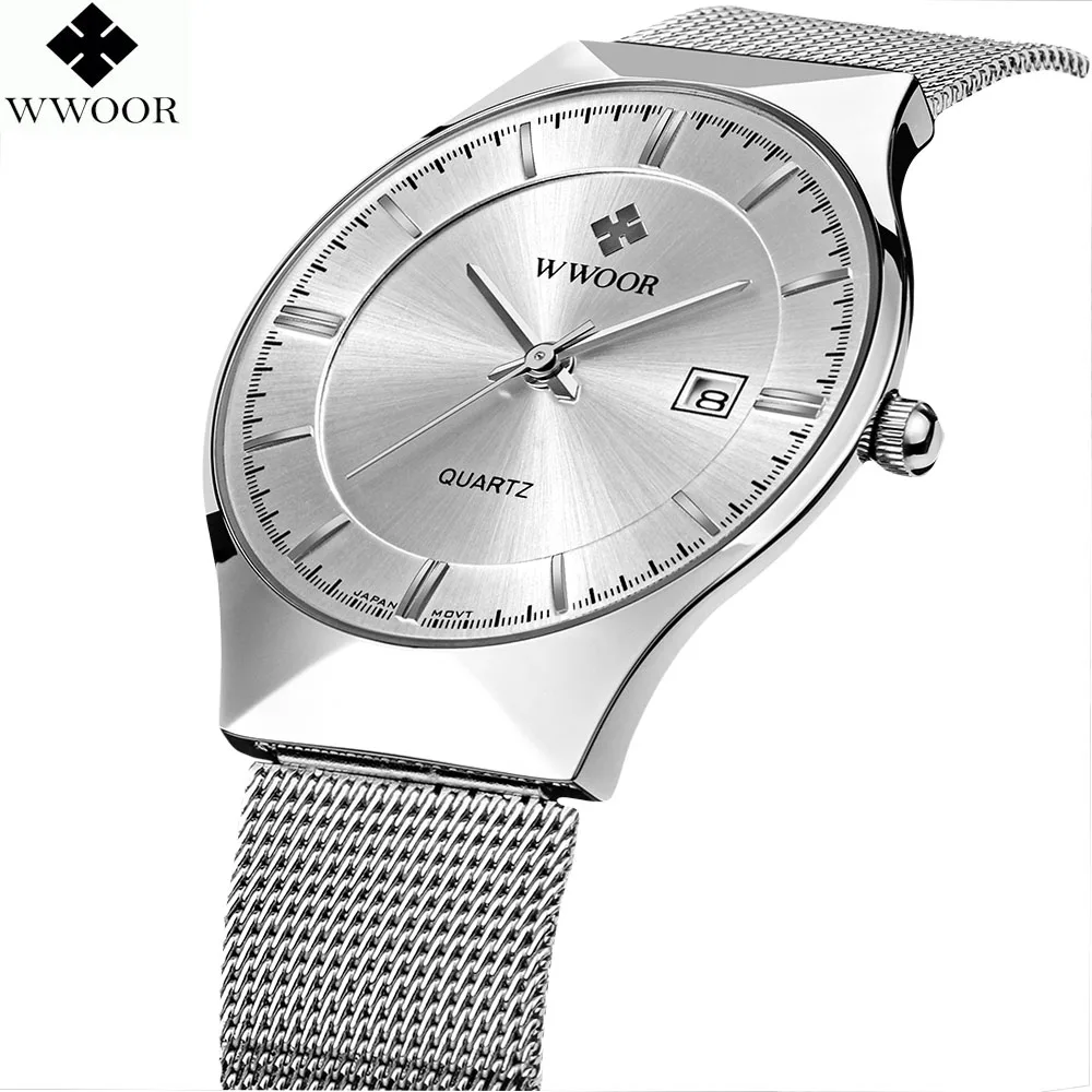 Новая Мода топ luxury brand WWOOR часы мужские кварцевые часы из нержавеющей стали сетка ремешок ультра тонкий циферблат часы relogio masculino