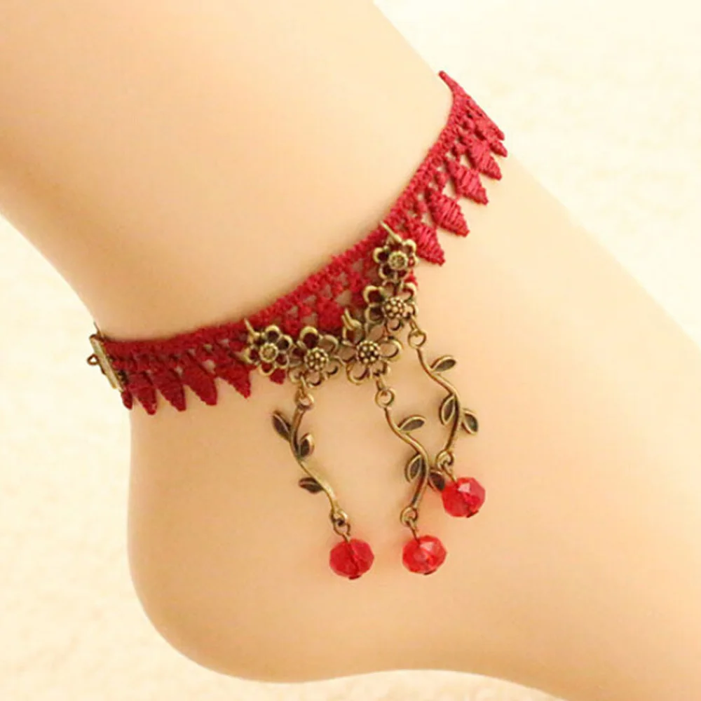 Набор ювелирных изделий Lackingone Fashion Vintage Wine Red Rose Lace Rattan Palace Necklace Bracelet Foot Chain Earrings Wowen.