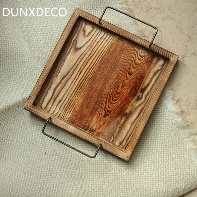DUNXDECO деревянный поднос для дома и офиса держатель фруктового хлеба аксессуары ключей чашка торта винтажный