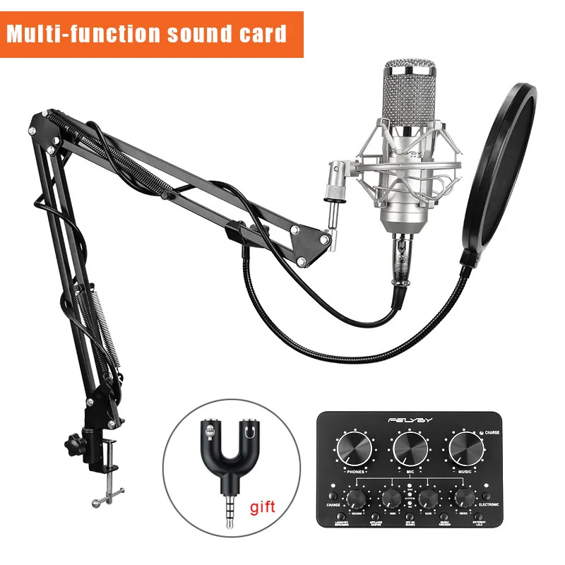 champagne Sound card FELYBY Профессиональный живой конденсаторный микрофон для компьютера и телефона bm 800 караоке микрофон многофункциональная живая звуковая карта - Цвет: champagne Sound card