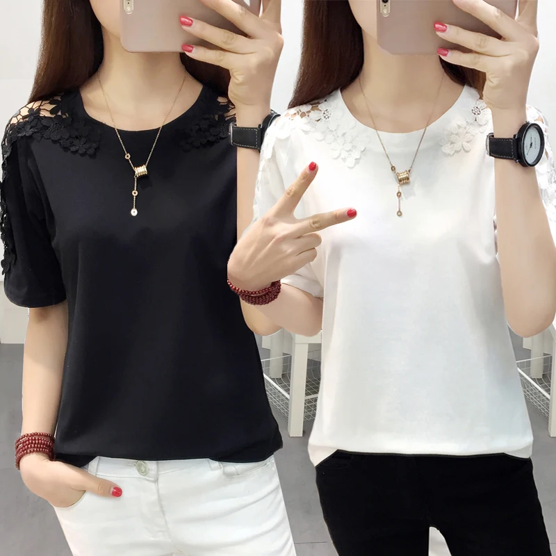 Women Clothing Summer Korean Women's Top Loose Lace Asymmetric Solid Color Slim Short Sleeve T-Shirt Shirt | Женская одежда