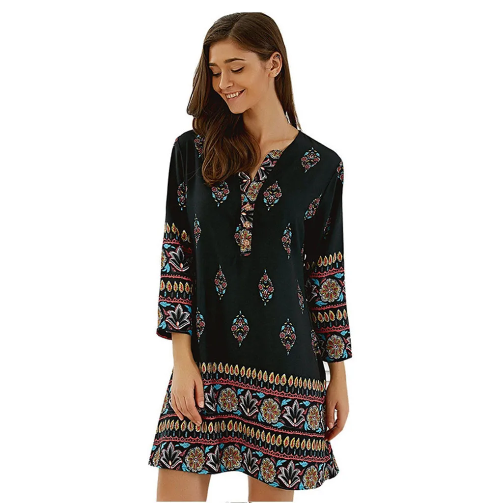 Плюс размер женское летнее платье Ретро цветочное с длинным рукавом шифоновый