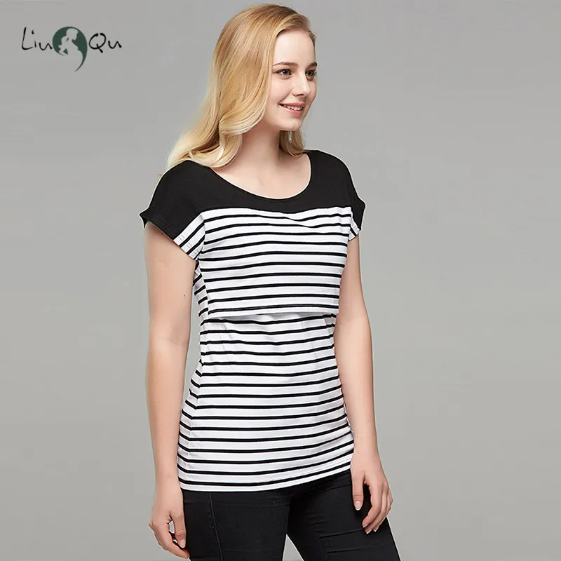 Womens Clothing Breastfeeding Clothes Maternity Blouses Top Short Sleeve Striped Pregnant Nursing Casual Pregnancy T-Shirt