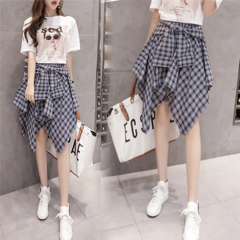

Women's Plaid Skirts Asymmetrical Faldas Vintage High Waist Pocket Bow Belt sexy Skirt Lace-Up New Boho Summer lady Skirt