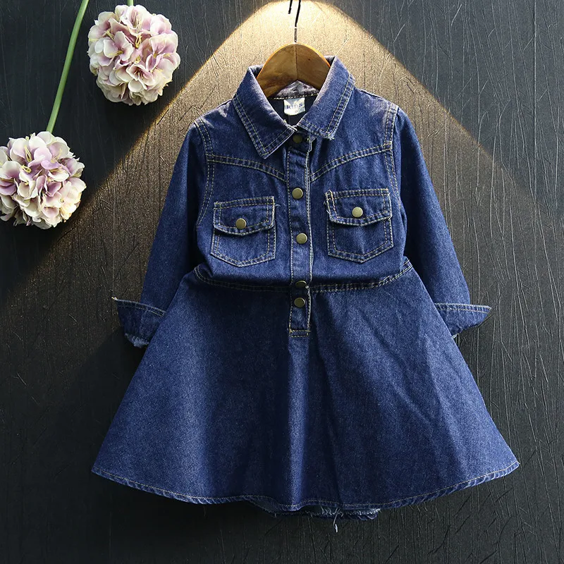 Осеннее платье одежда джинсовое для маленьких девочек Детские платья с отложным