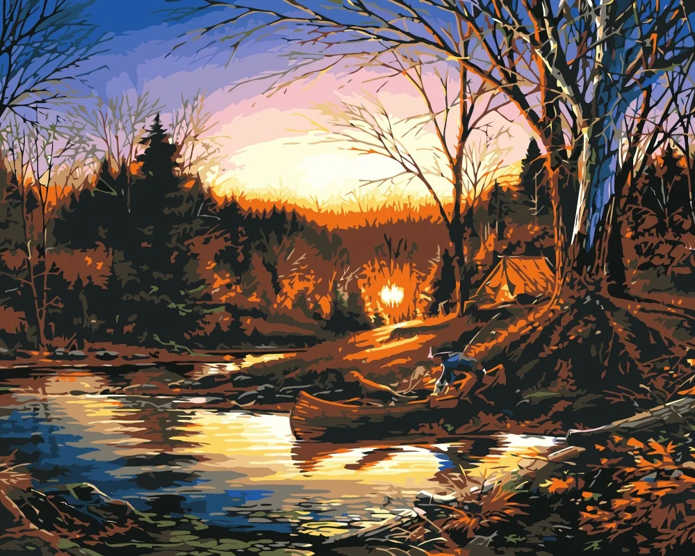 Mahuaf i059 осень река лодка роспись раскраски по номерам Украшения цены картины на