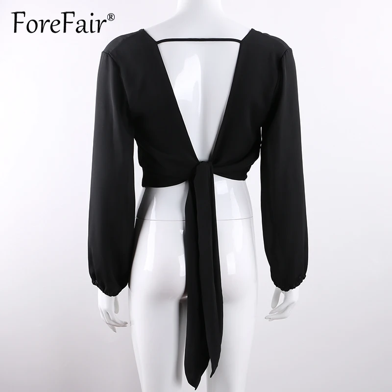 Forefair, открытая спина, v-образный вырез, белая сексуальная блузка, женская летняя рубашка с запахом, длинный рукав, шифон, Женские топы и блузки