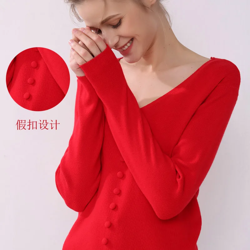 19 spring and summer new sweater single-breasted female long-sleeved shirt V-neck bottoming slim slimming |