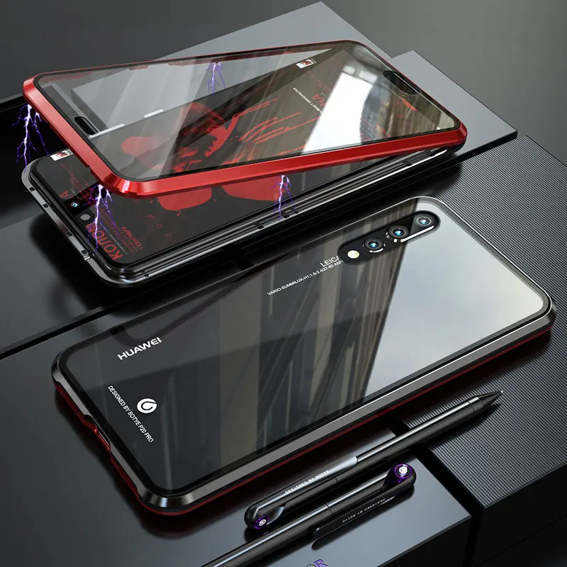 Роскошный полный корпус Магнитный чехол для huawei P20 Pro чехол 360 прозрачное стекло задняя откидная крышка для huawei P20Pro чехол противоударный - Цвет: black red