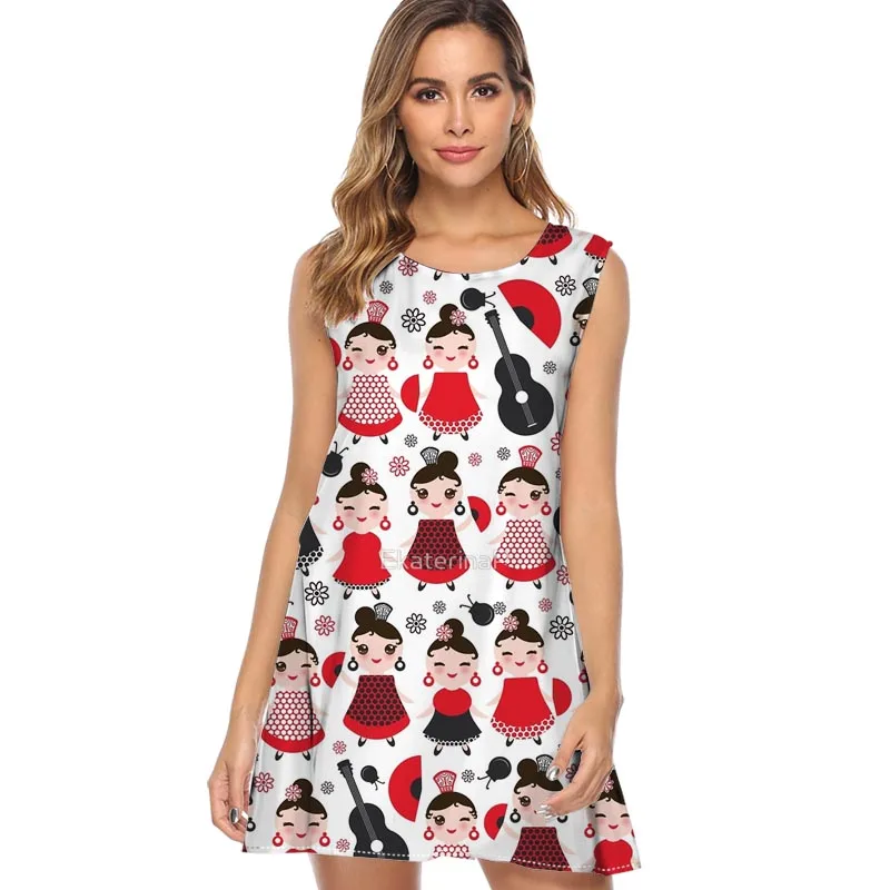 

Women Dress Esper Print Sleeveless O neck Vintage Casual Summer Dress Ladies A line Cute Short Chiffon Dress Vestidos