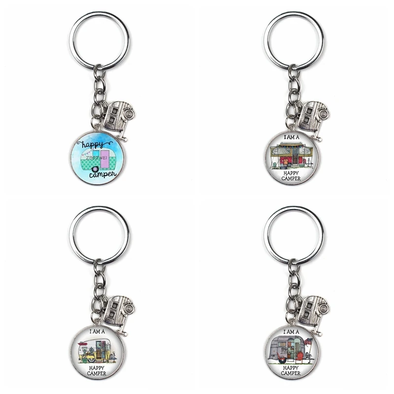 

Cute Happy Camper Travel Car Keychain Glass Men's Cabochon Jewelry Glamping Goddess Traveler Gift Key Chain Pendant I Camp