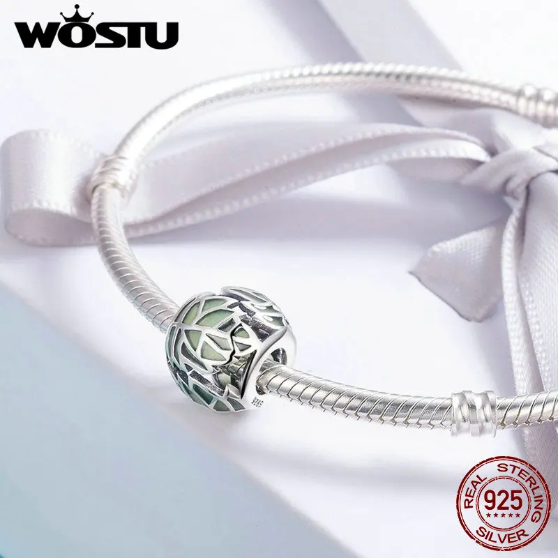 Женский браслет WOSTU из серебра 925 пробы с зелеными эмалированными бусинами