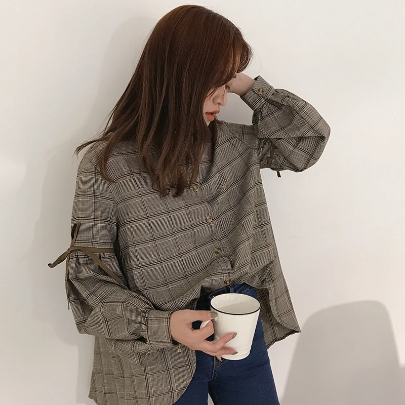Wind restoring ancient ways chic harajuku grid easing in bf long posed schoolgirl shirt sleeves shirts port |