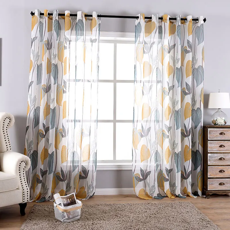 

One Panels Pastoral Style Leaves Tulle Curtains For Living Room Interior Decoration Home Printed Sheer Curtains Drapes