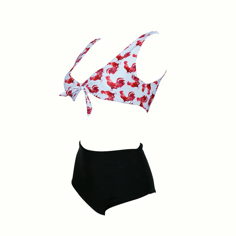 Print Red Cock Bikini Black Bottom High Waist Swimsuit 2019 New Swimwear Beach Biquini Tankini Knot Bathing Suit |