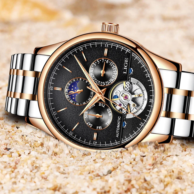 LIGE бренд Для мужчин часы автоматические механические Tourbillon спортивные