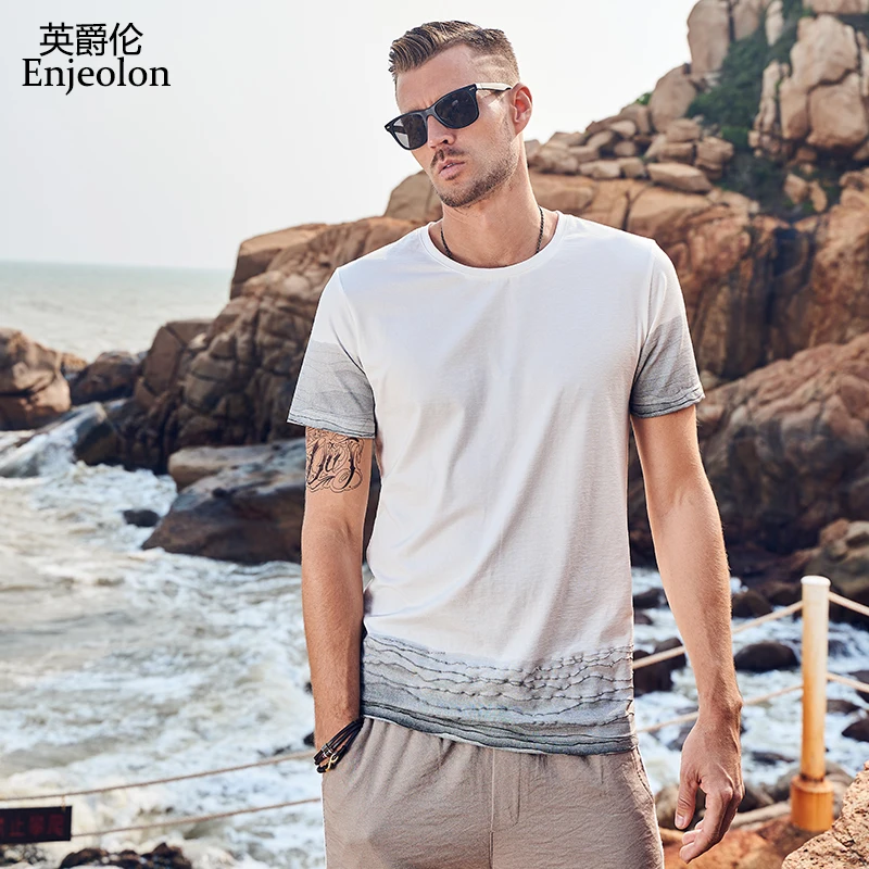 Enjeolon 2019 T shirt Summer Men Short Sleeved O-neck Gradien Casual Fashion Male Top Tee Shirt T3711 | Мужская одежда