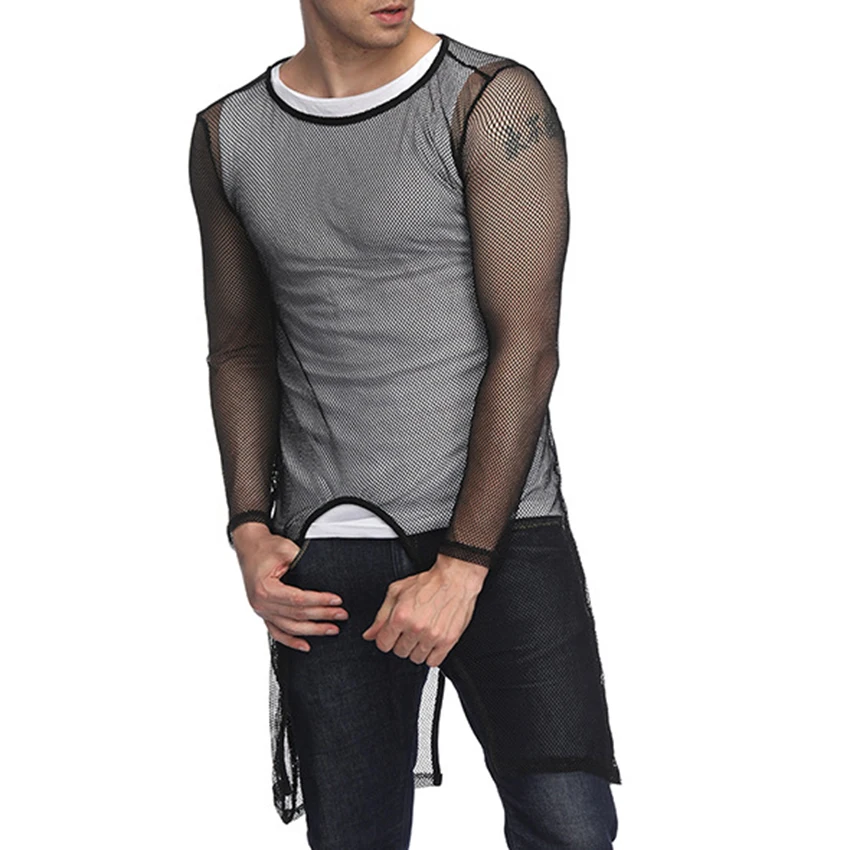 Men's Irregular Split Hem Perspective Long Sleeve Tshirt Summer Cool Men Clothes Tee Shirt Fashion Solid Streetwear Hip Hop | Мужская