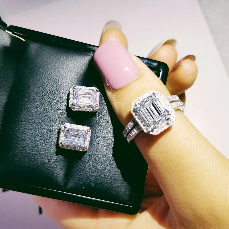 

2pcs Pack 925 Sterling Silver Jewelry set halo Engagement ring round stud earring for Wedding christmas gift party J4925