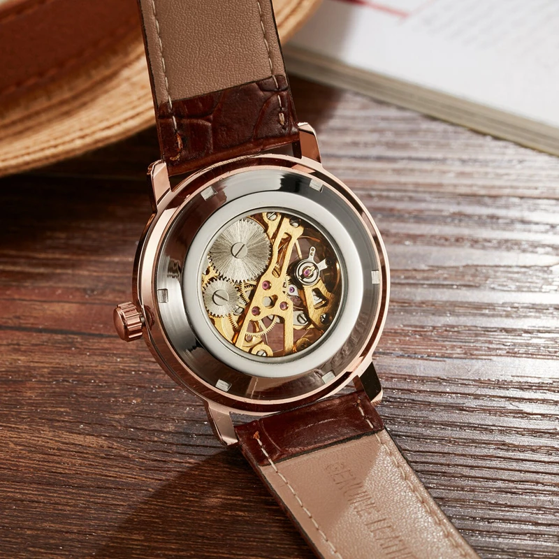 SEWOR Mechanical Hand Wind Watch for Men Leather Skeleton Male Watches Luxury Classic Mens With Box SWQ53 | Наручные часы