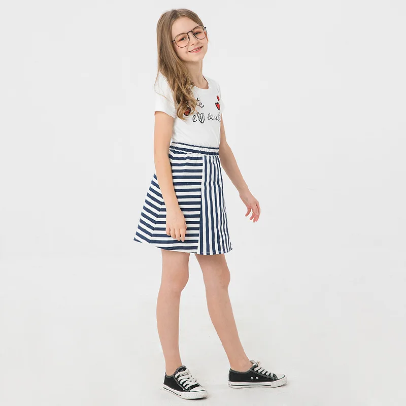 2019 летний комплект с юбкой для больших девочек Корейская версия Полосатая юбка +