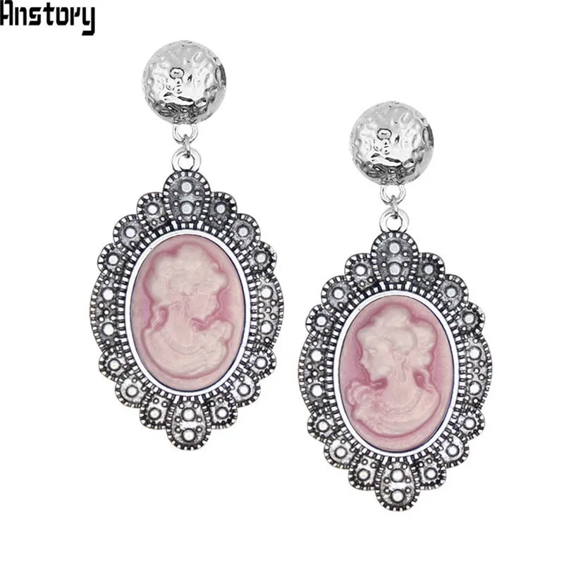 Pink 6 цветов, женские серьги-гвоздики с камеей, кулон в виде листа, винтажный вид, рисунок, модные ювелирные изделия для женщин, TE522 - Окраска металла: Pink
