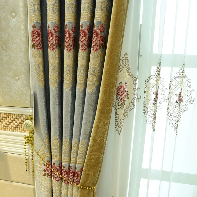 

Custom curtains European American style living room Thick chenille jacquard fabric cloth blackout curtain valance tulle E899