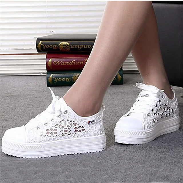 

Women shoes 2022 fashion summer casual white shoes cutouts lace canvas hollow breathable platform flat shoes woman sneakers