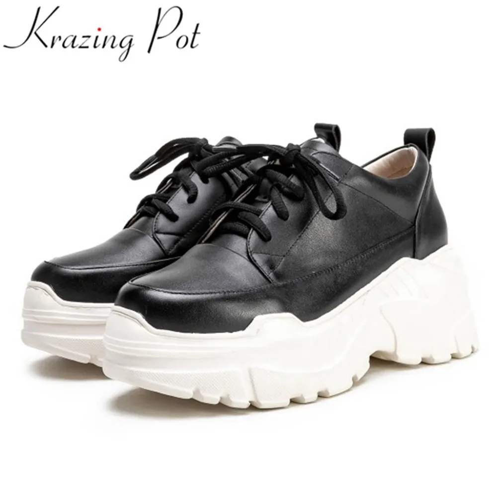 Krazing pot/Европейский стиль; толстая подошва; Платформа; натуральная кожа; на шнуровке; кроссовки с круглым носком; повседневная обувь; Вулканизированная обувь; L13