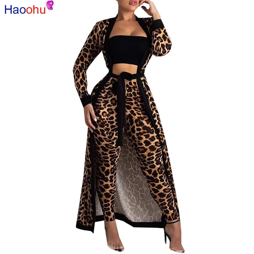 

HAOOHU 2 Piece Set Women 2018 Plus Size Cardigan Long Trench Top And Bodycon Pants Suit Casual Clothes Autumn Two Piece Outfits