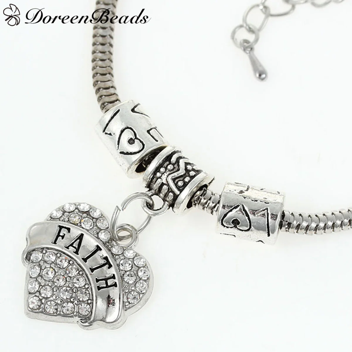 DoreenBeads European Snake Chain Charm Bracelets Heart Pendant Antique Silver Message &quotFAITH&quot &amp &quotLove&quot Carved 20cm long 1 PC |