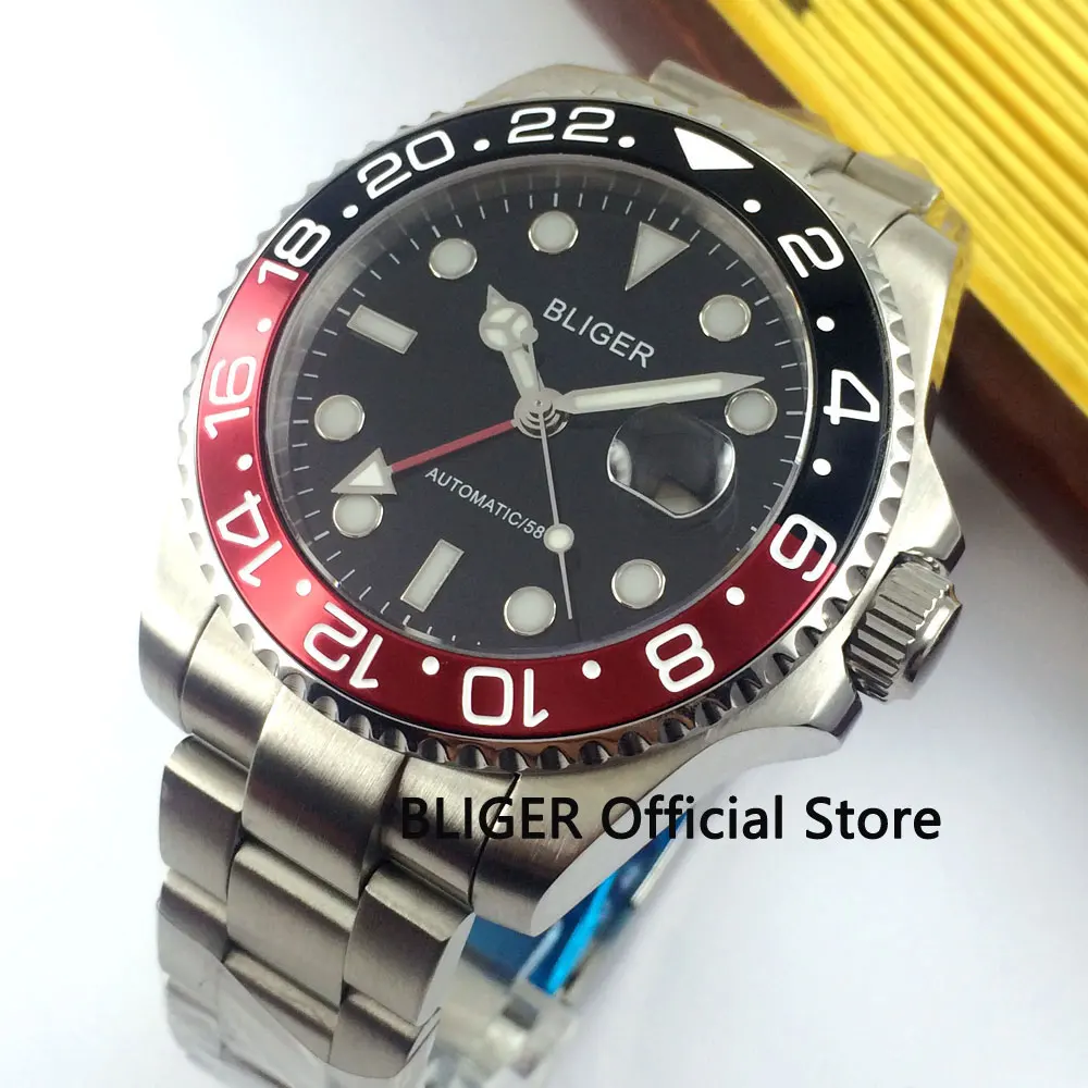 

Sapphire Crystal 40mm BLIGER Black Dial Red Black Bezel Red GMT Pointer Luminous Marks Mechanical Automatic Movement Men's Watch